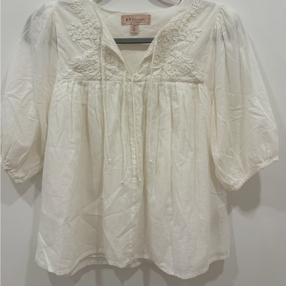 Philosophy Tops - Philosophy Peasant Top Cream White Split Drawstring V Neck Size SP Embroidered